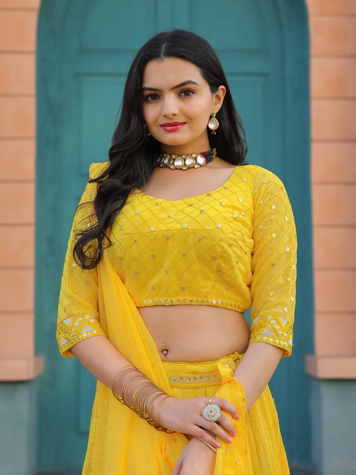 Odette Yellow Georgette Embellished Semi Stitched Lehenga With Unstitched Blouse For Women - Image 7