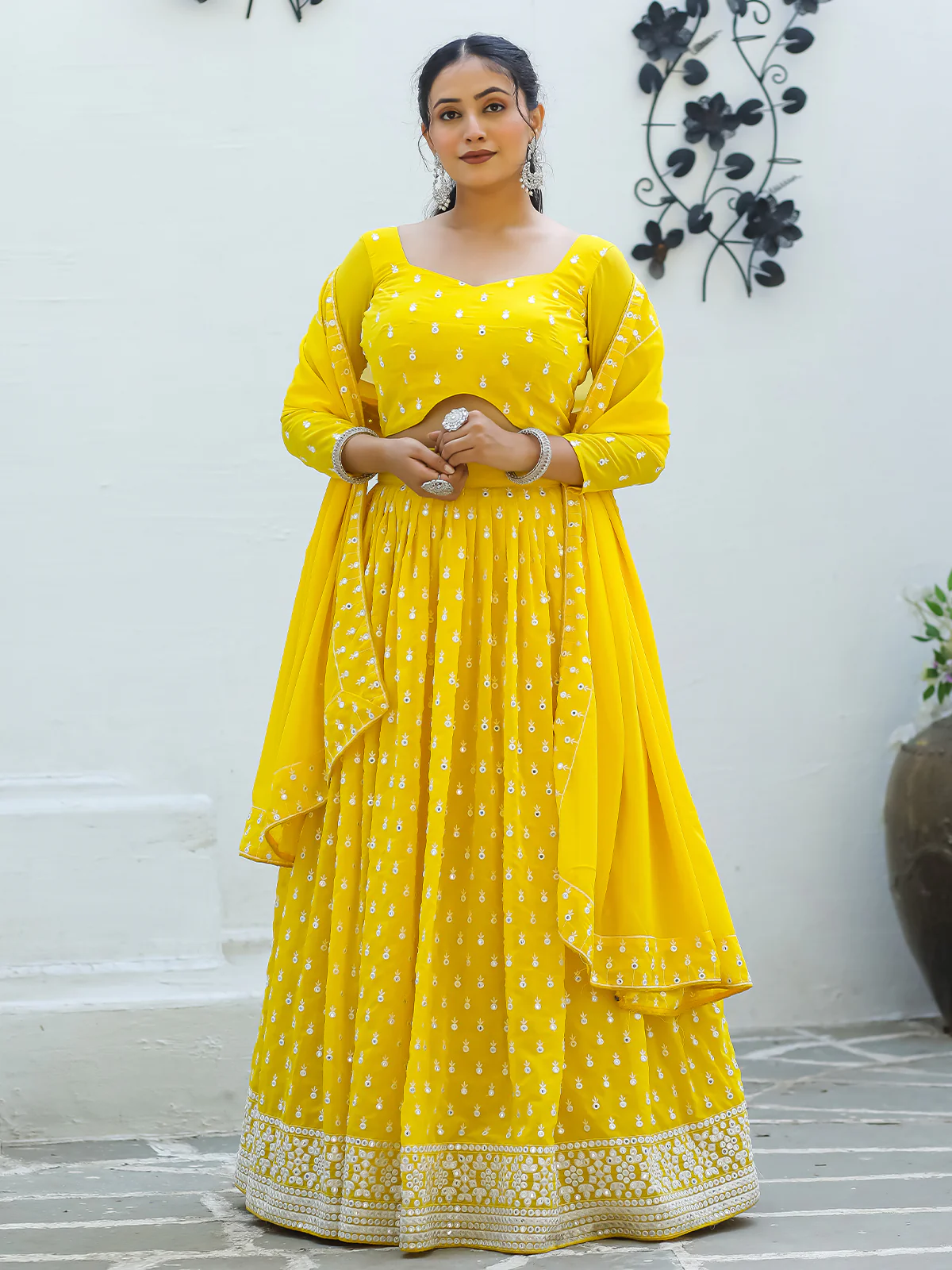 Odette Yellow Georgette Embellished Semi Stitched Lehenga With Unstitched Blouse For Women - Image 2