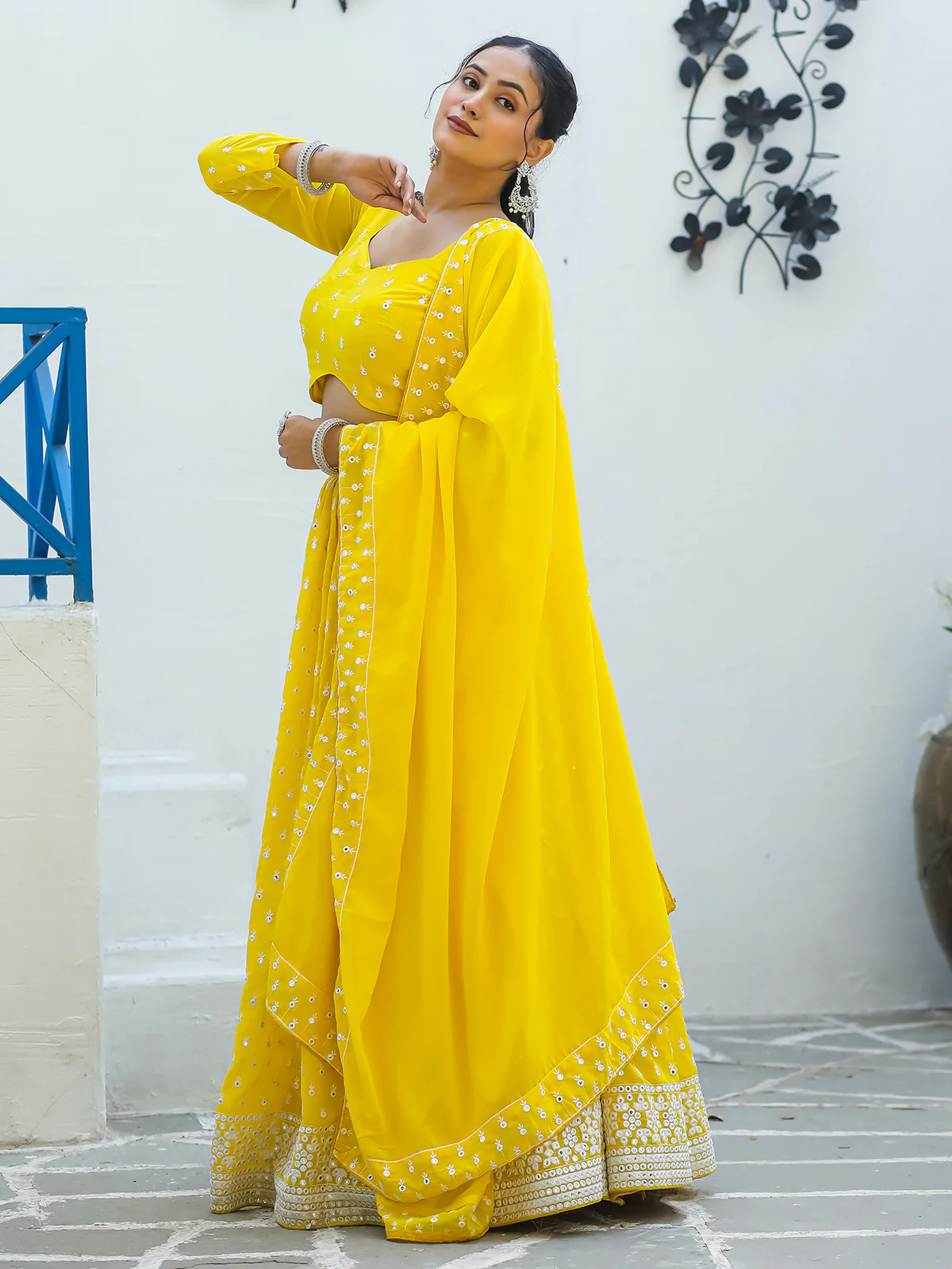 Odette Yellow Georgette Embellished Semi Stitched Lehenga With Unstitched Blouse For Women - Image 3