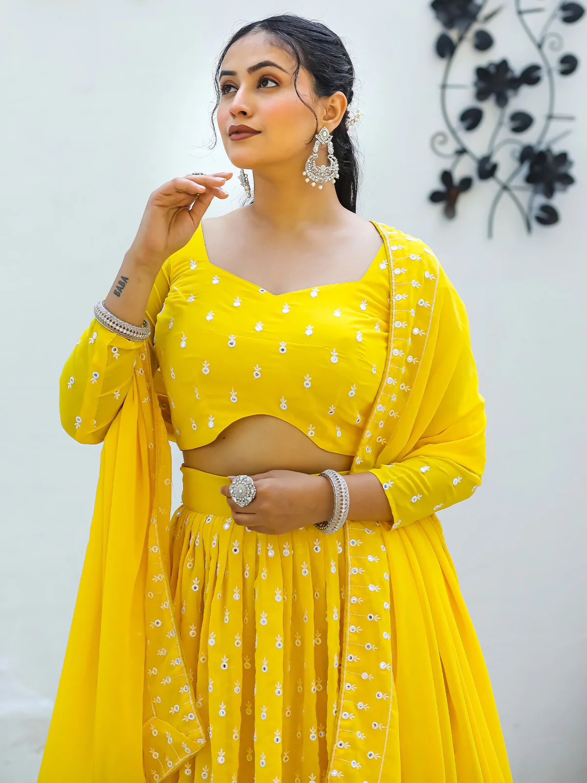 Odette Yellow Georgette Embellished Semi Stitched Lehenga With Unstitched Blouse For Women - Image 5