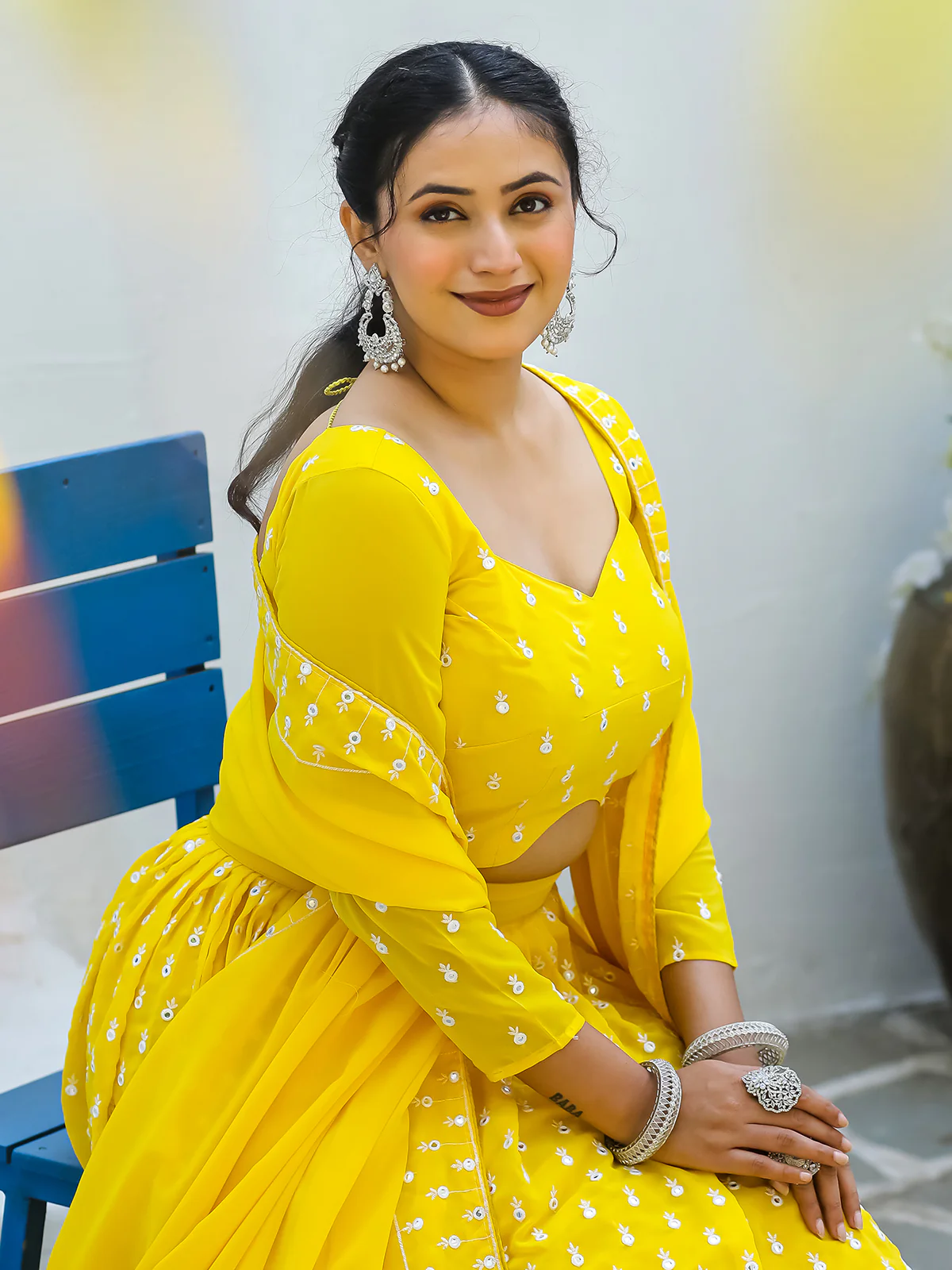 Odette Yellow Georgette Embellished Semi Stitched Lehenga With Unstitched Blouse For Women - Image 6