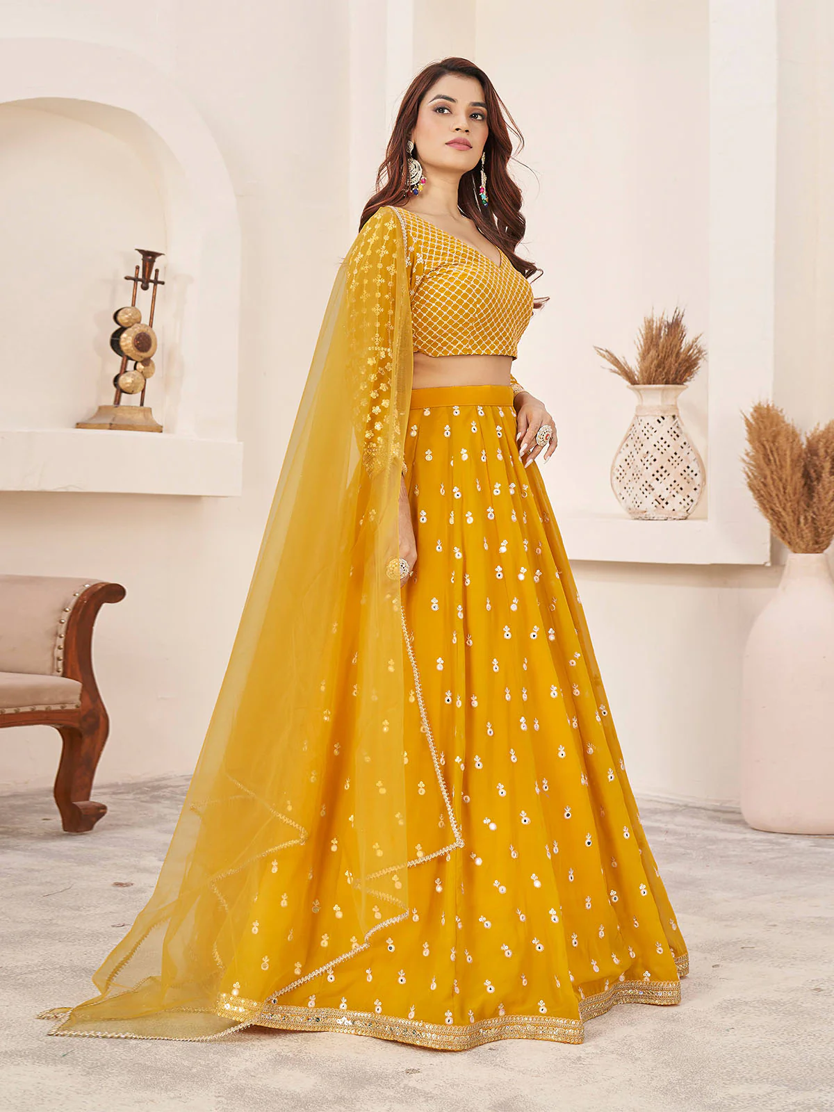 Odette Yellow Georgette Embellished Semi Stitched Lehenga With Unstitched Blouse For Women - Image 2