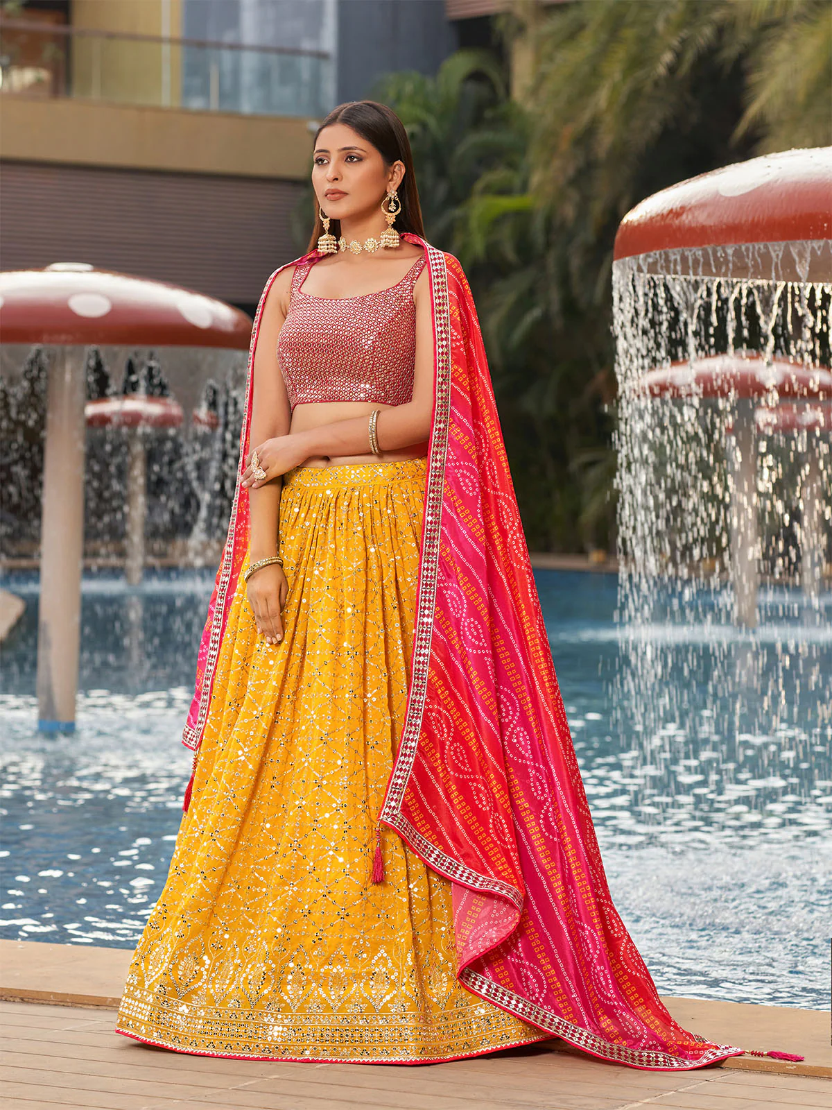 Odette Yellow Georgette Embellished Semi Stitched Lehenga With Unstitched Blouse For Women - Image 2