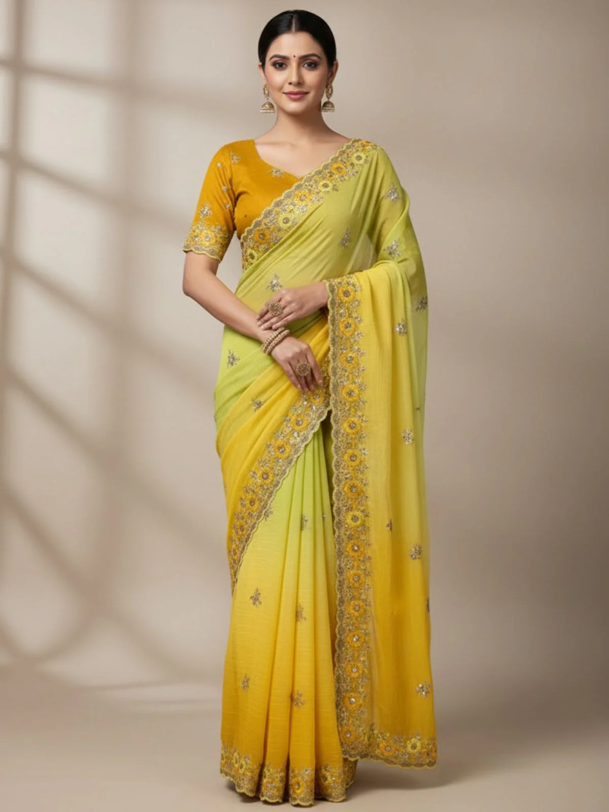 Odette Yellow Georgette Embellished Solid Saree For Women