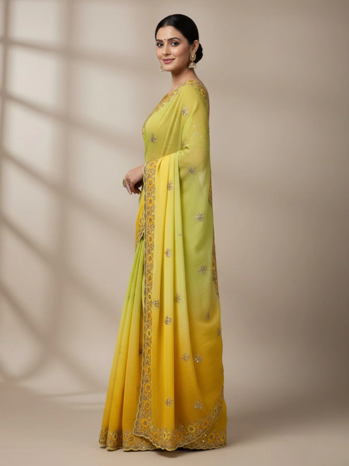 Odette Yellow Georgette Embellished Solid Saree For Women - Image 2