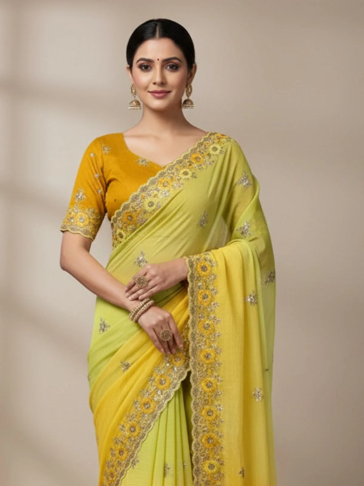 Odette Yellow Georgette Embellished Solid Saree For Women - Image 3
