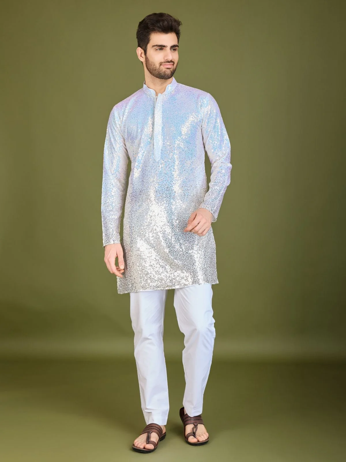 Odette White Georgette Embellished Stitched Kurta For Men - Image 2