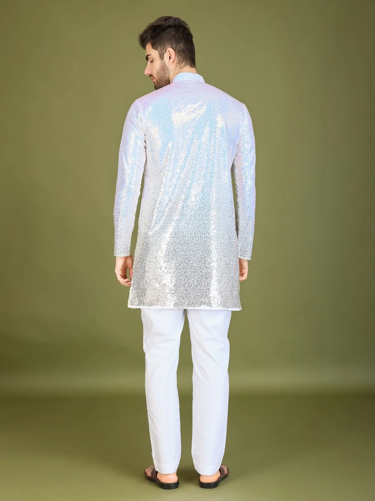 Odette White Georgette Embellished Stitched Kurta For Men - Image 3
