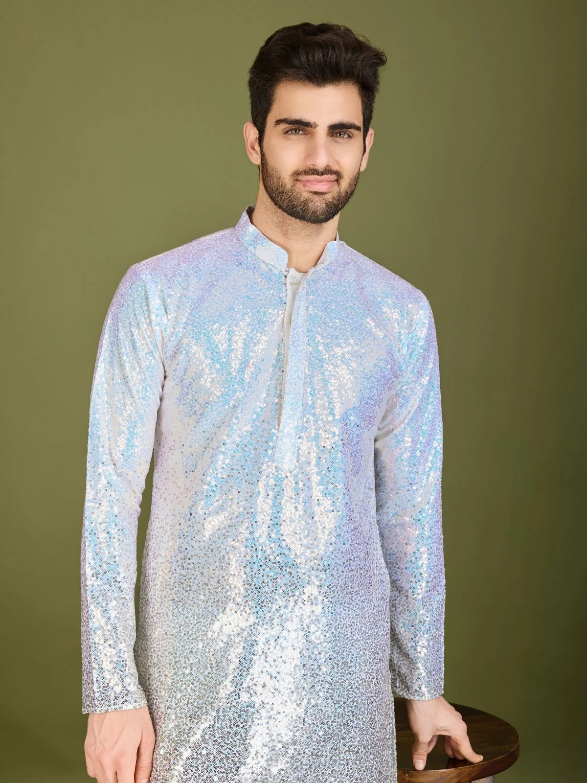 Odette White Georgette Embellished Stitched Kurta For Men - Image 4