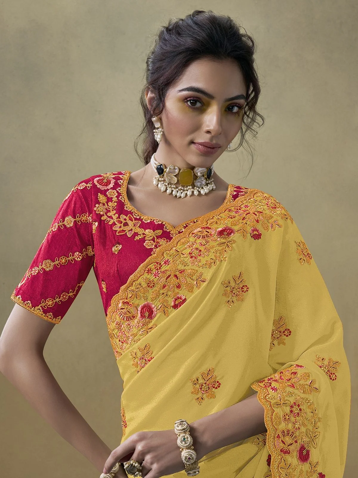 Odette Yellow Georgette Embroidered Elegant Saree For Women - Image 2