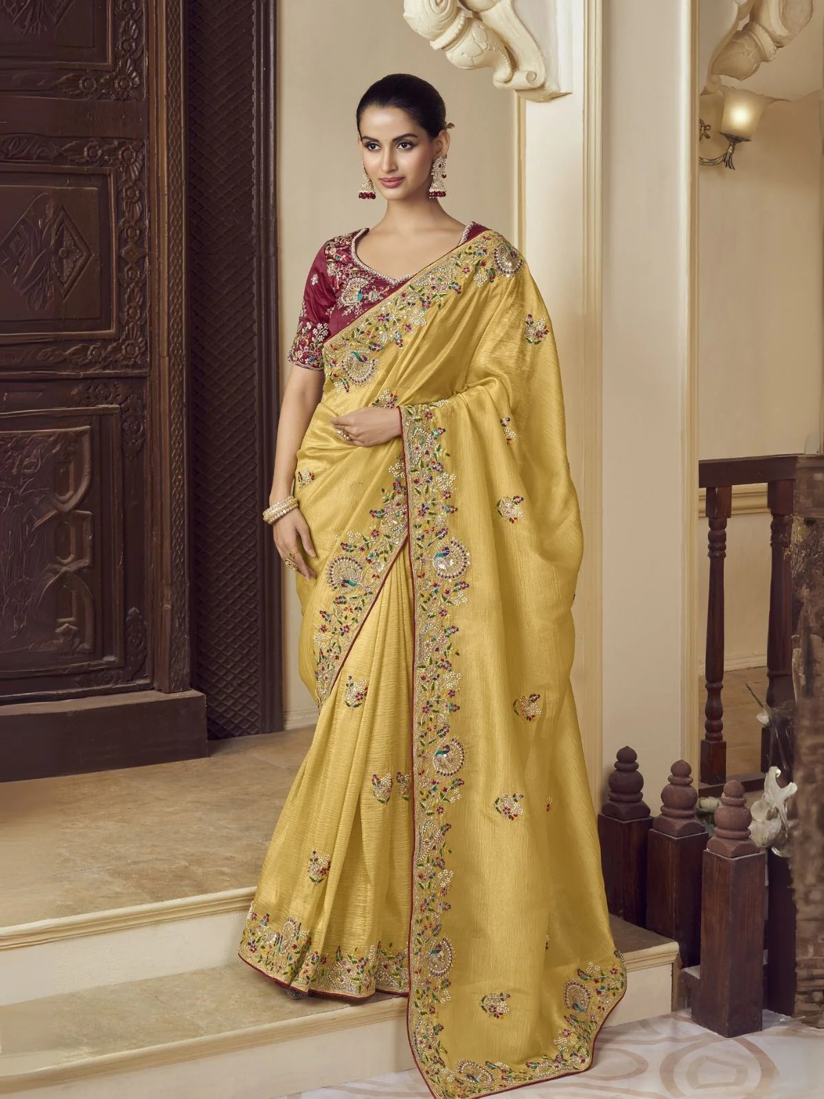 Odette Yellow Georgette Embroidered Elegant Saree For Women
