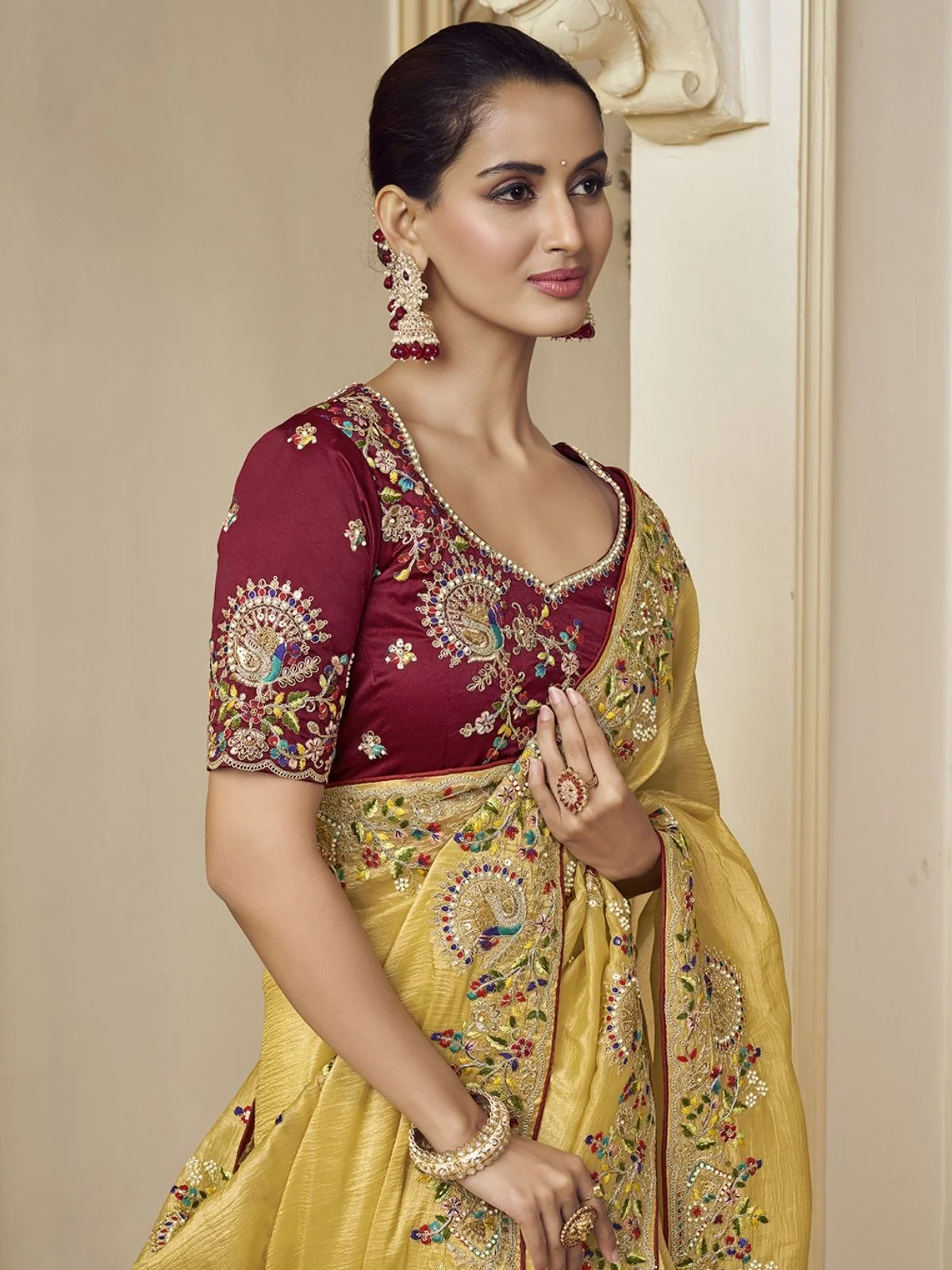 Odette Yellow Georgette Embroidered Elegant Saree For Women - Image 2