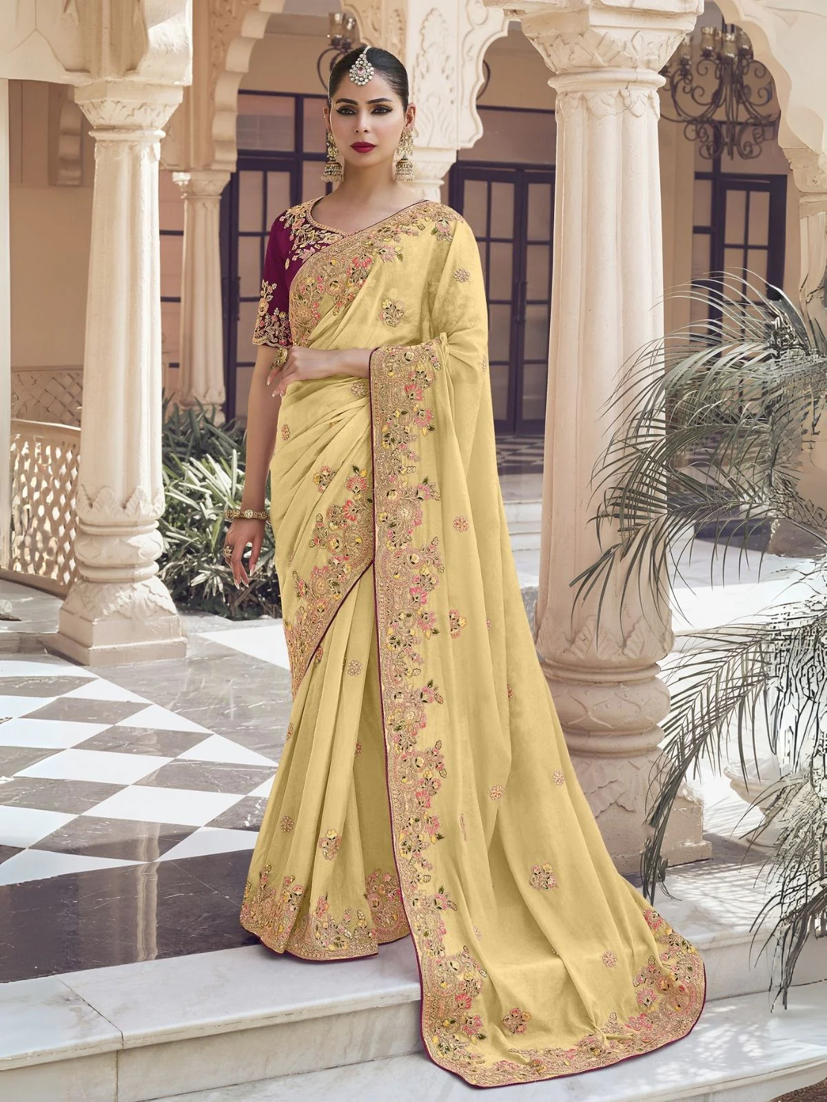 Odette Yellow Georgette Embroidered Elegant Saree For Women