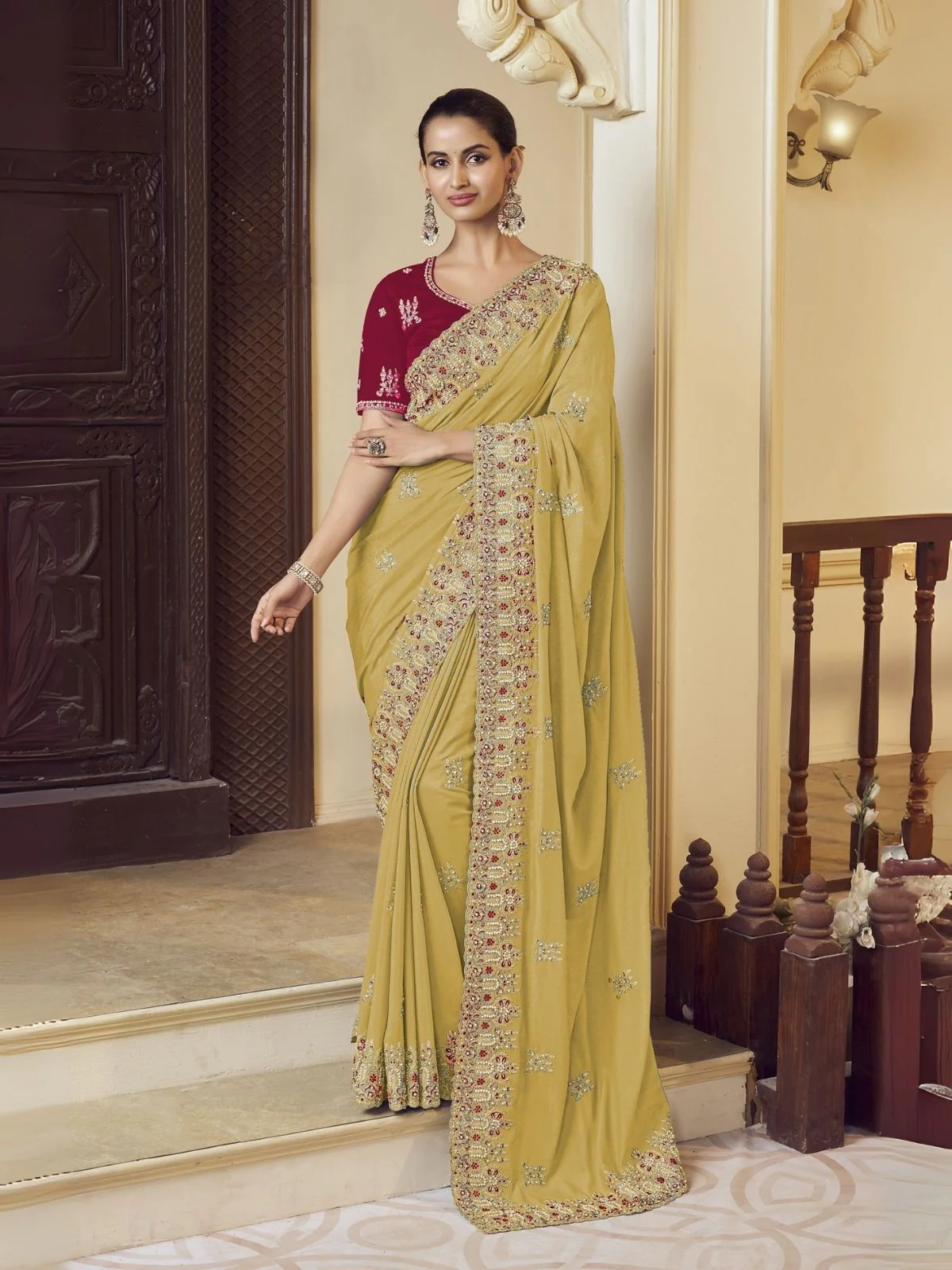 Odette Yellow Georgette Embroidered Elegant Saree For Women