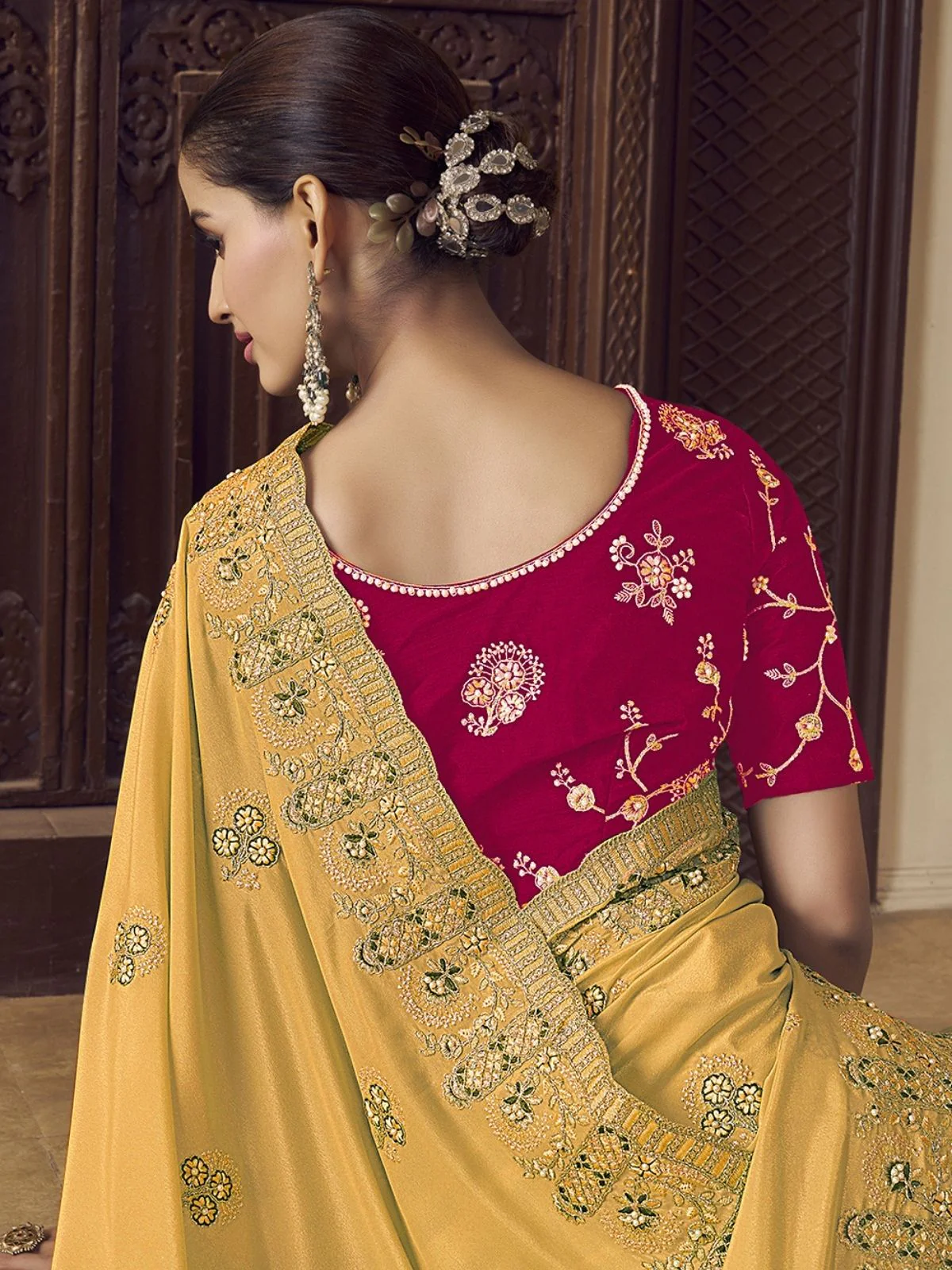 Odette Yellow Georgette Embroidered Elegant Saree For Women - Image 3