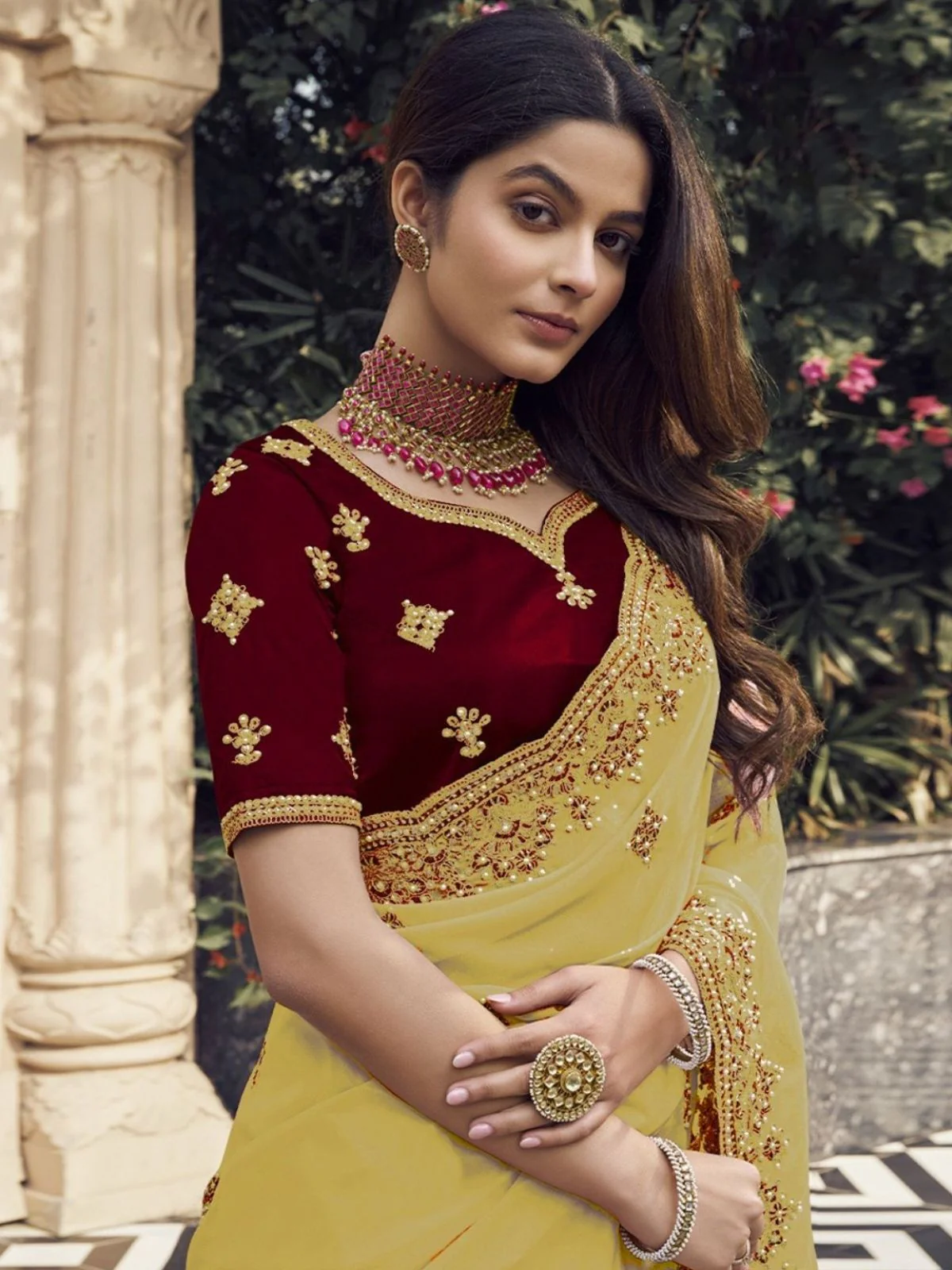 Odette Yellow Georgette Embroidered Elegant Saree For Women - Image 3