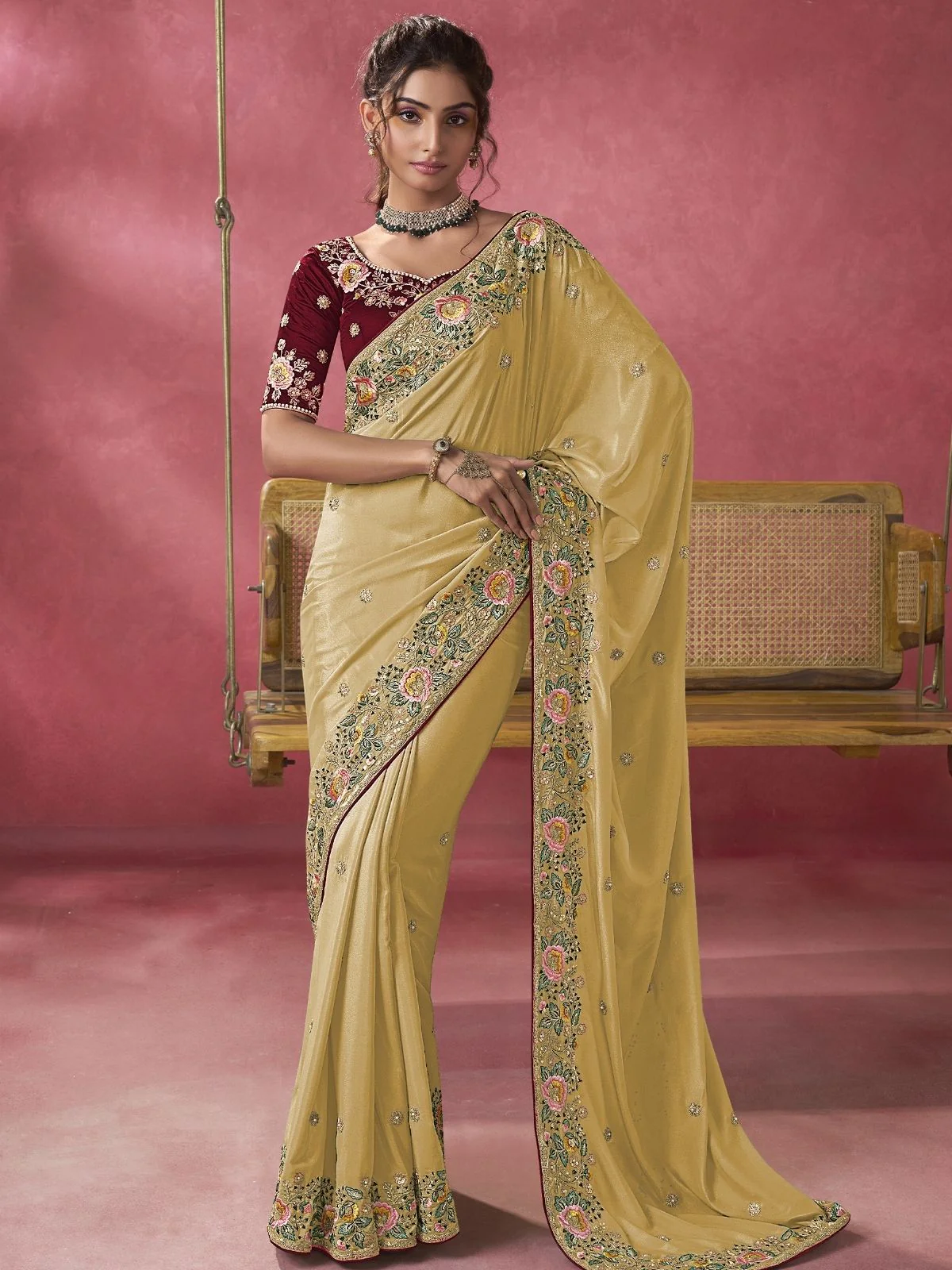 Odette Yellow Georgette Embroidered Elegant Saree For Women