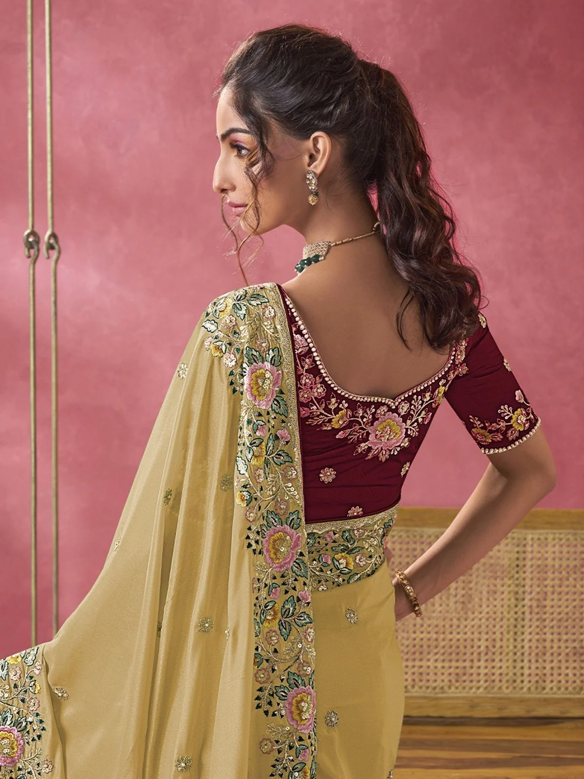 Odette Yellow Georgette Embroidered Elegant Saree For Women - Image 3