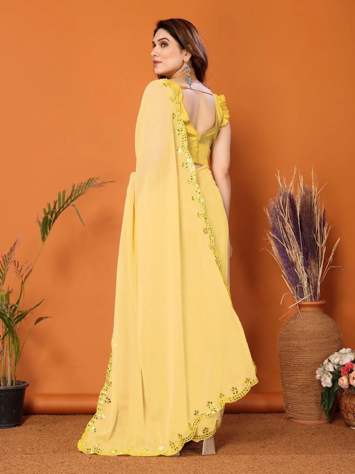 Odette Yellow Georgette Embroidered Saree For Women - Image 3