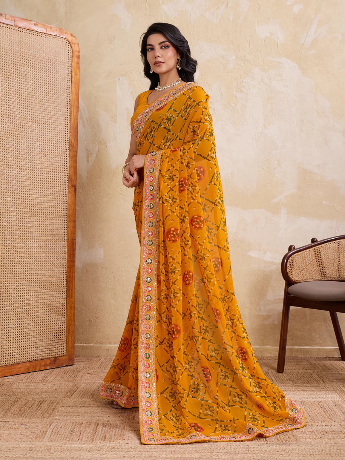 Odette Yellow Georgette Embroidered Saree For Women - Image 2