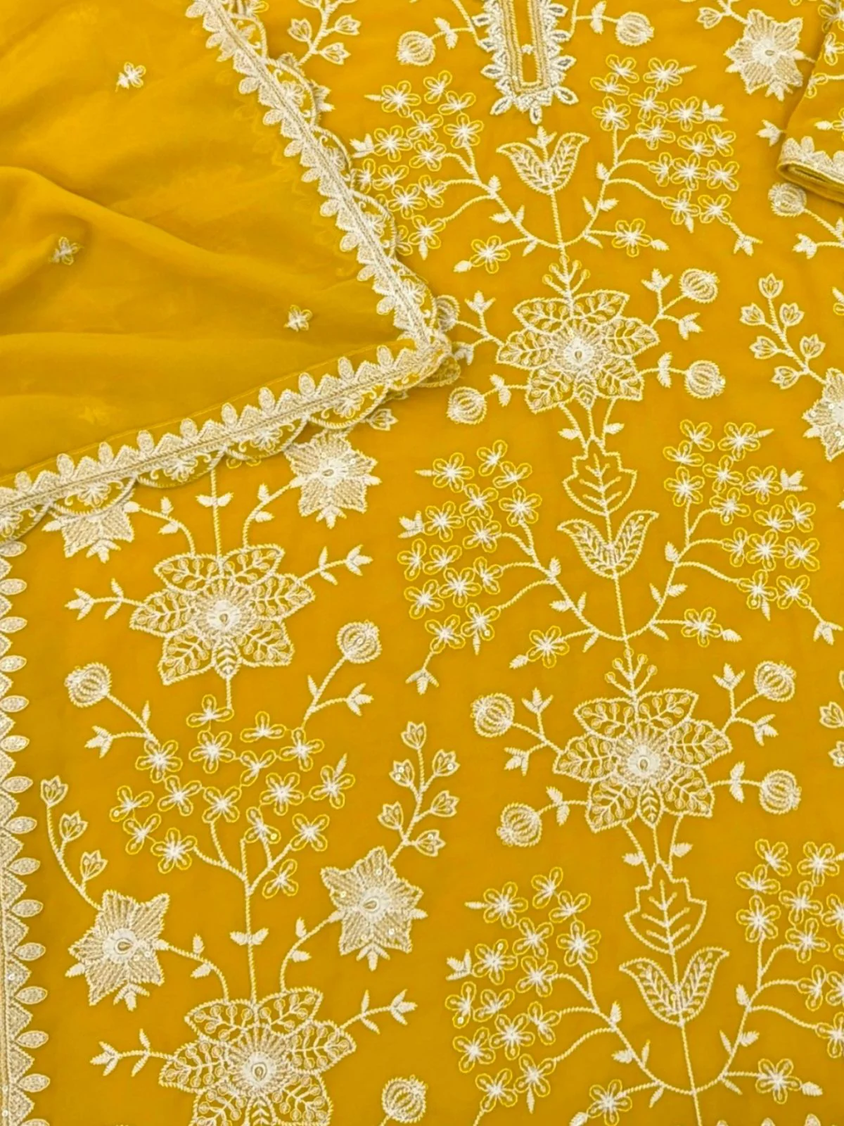 Odette Yellow Georgette Embroidered Semi-Sitched Kurta Set For Women - Image 3