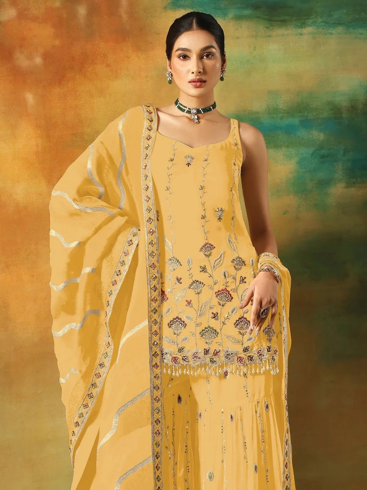 Odette Yellow Georgette Embroidered Semi-Sitched Kurta Set For Women - Image 2