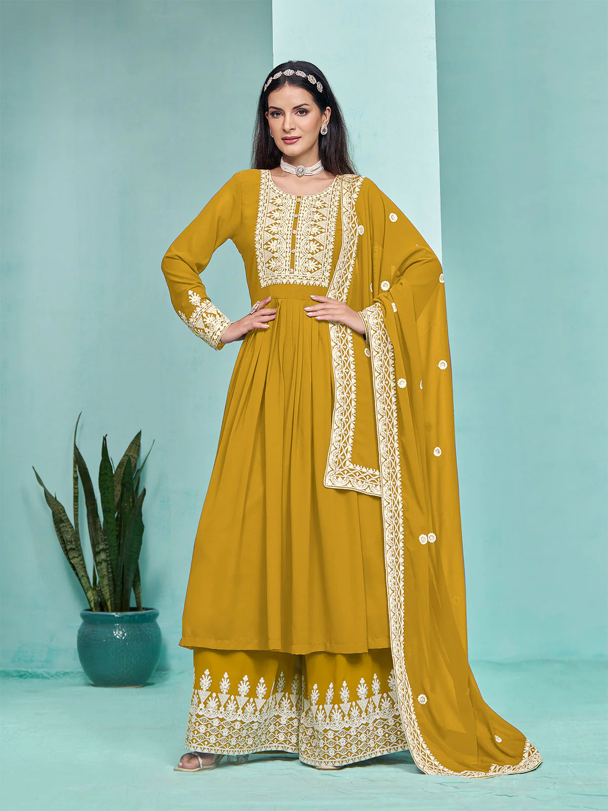Odette Yellow Georgette Embroidered Semi Stitched Kurta Set For Women
