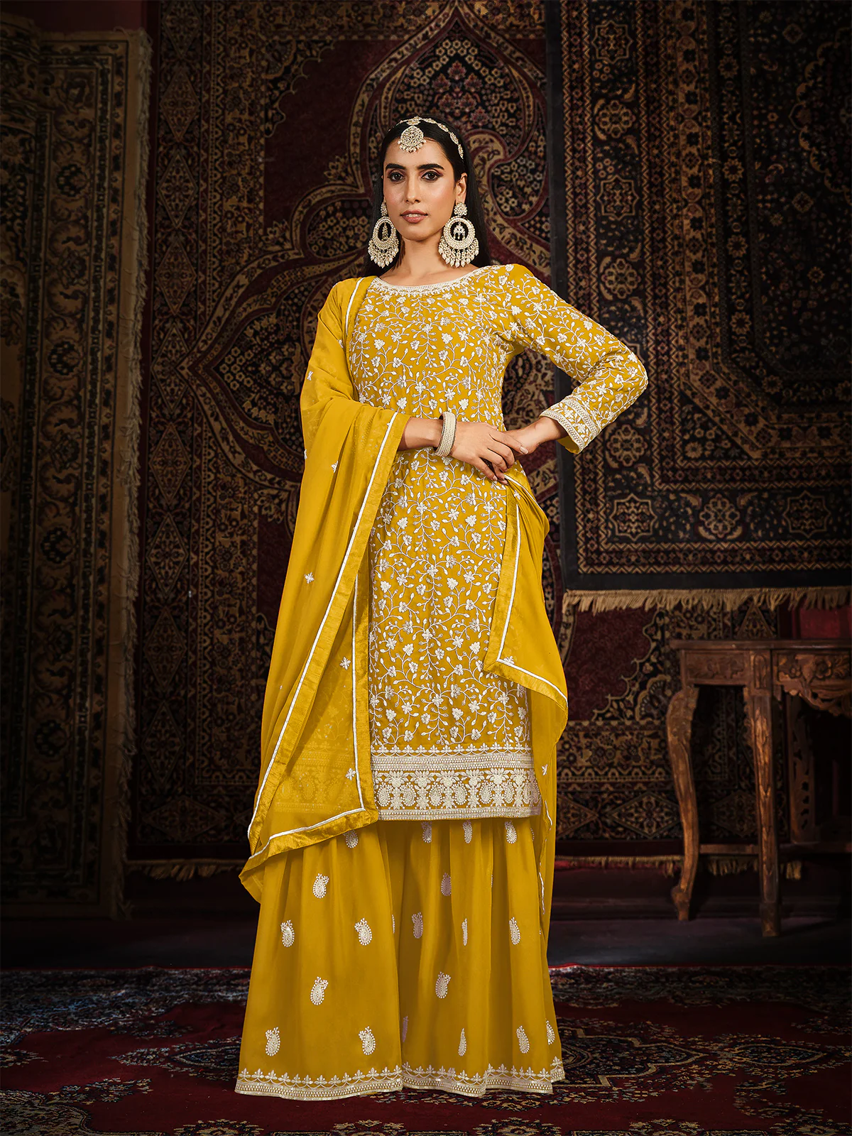 Odette Yellow Georgette Embroidered Semi stitched Kurta Set with Inner For Women - Image 2