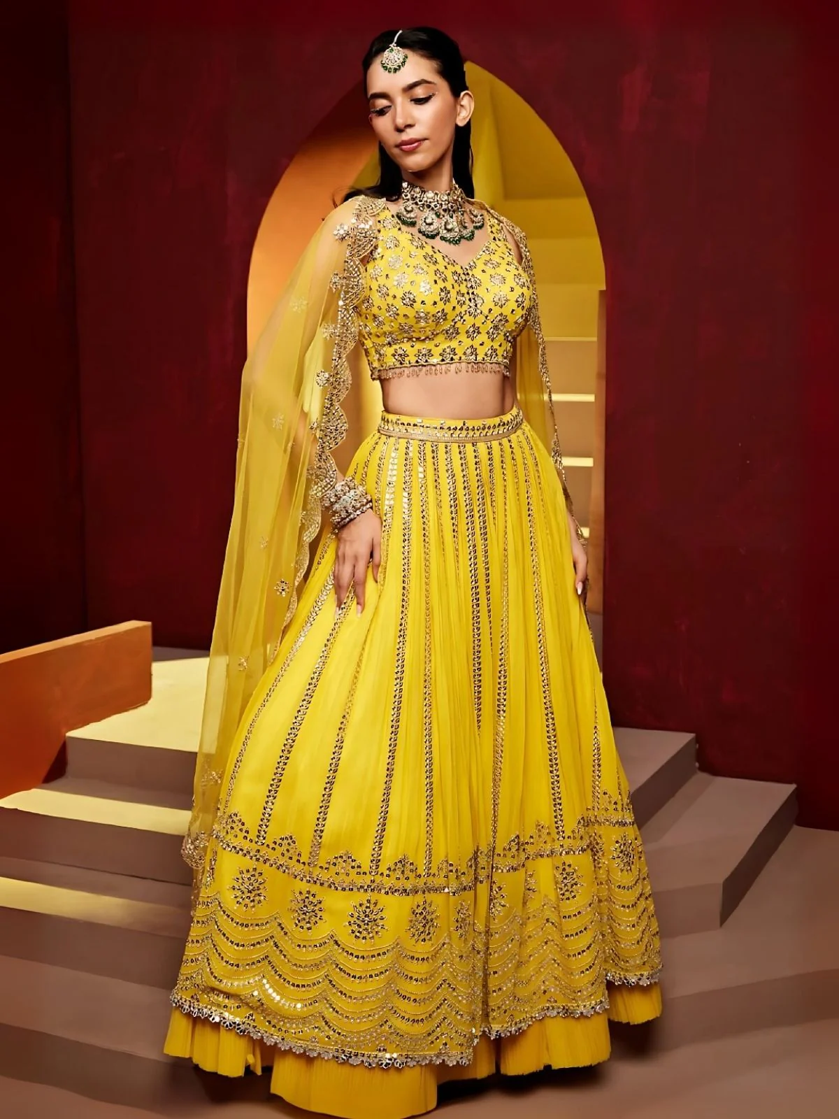 Odette Yellow Georgette Embroidered Semi-Stitched Lehenga For Women
