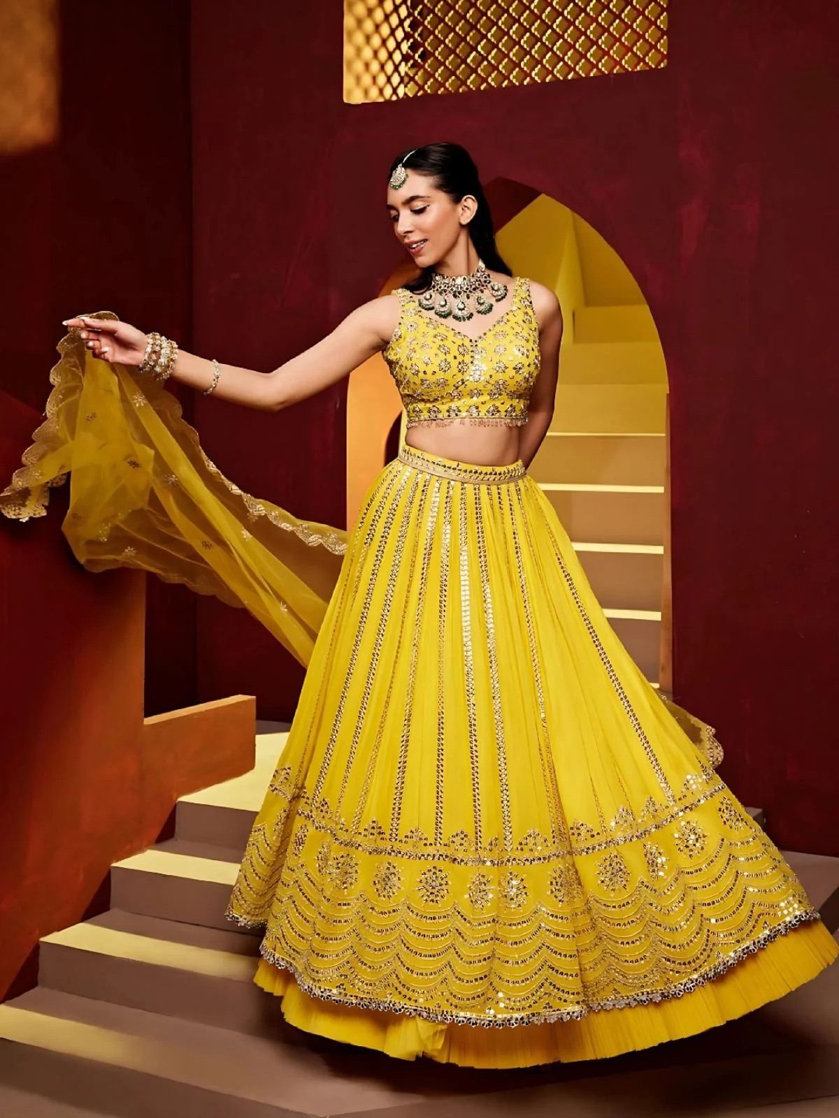 Odette Yellow Georgette Embroidered Semi-Stitched Lehenga For Women - Image 4