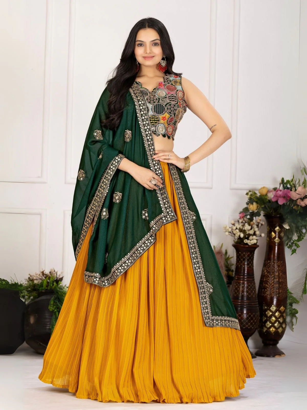 Odette Yellow Georgette Embroidered Semi-Stitched lehenga For Women