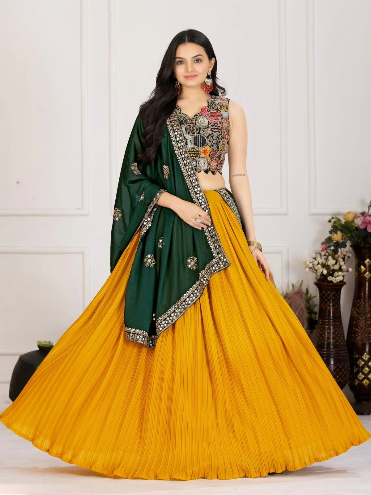 Odette Yellow Georgette Embroidered Semi-Stitched lehenga For Women - Image 2