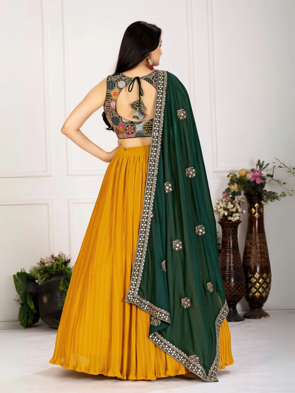 Odette Yellow Georgette Embroidered Semi-Stitched lehenga For Women - Image 3