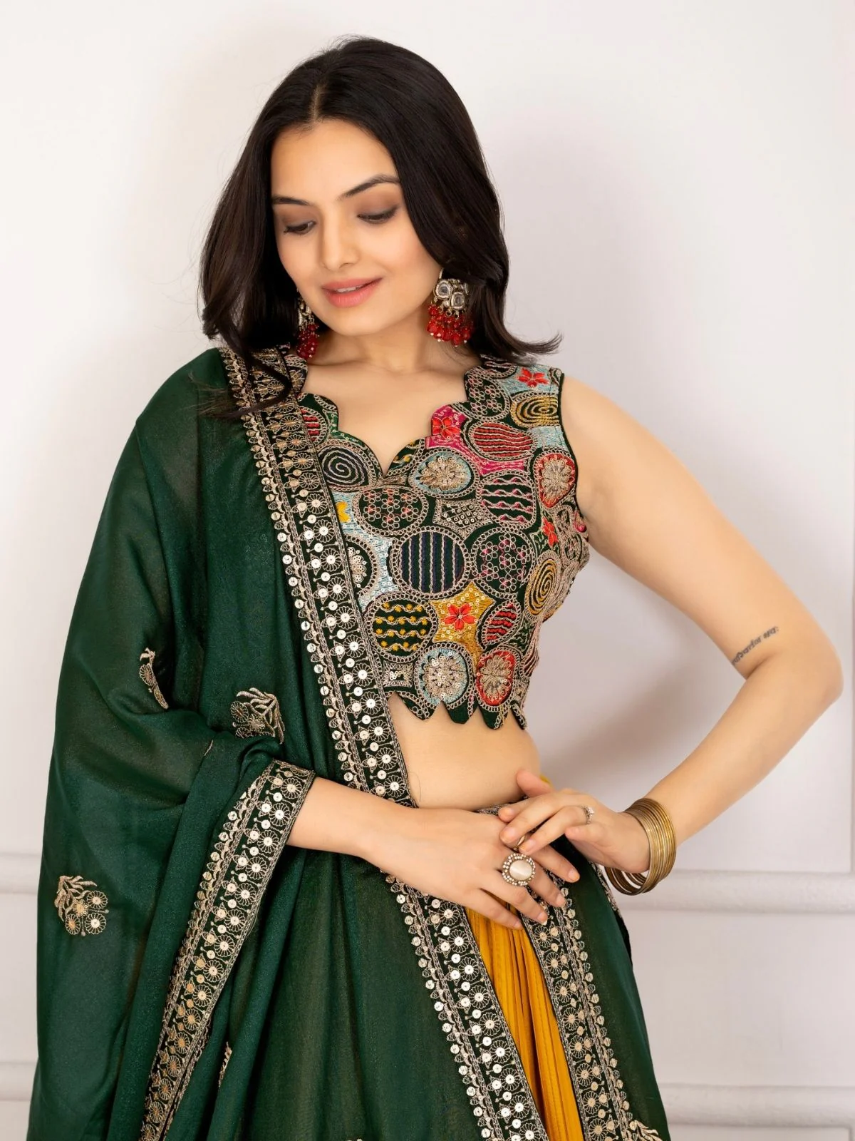 Odette Yellow Georgette Embroidered Semi-Stitched lehenga For Women - Image 4
