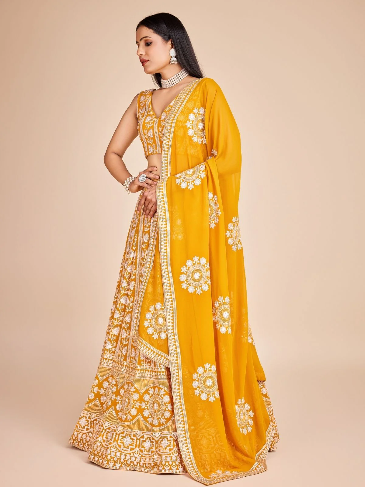 Odette Yellow  Georgette Embroidered Semi-Stitched Lehenga For Women - Image 3
