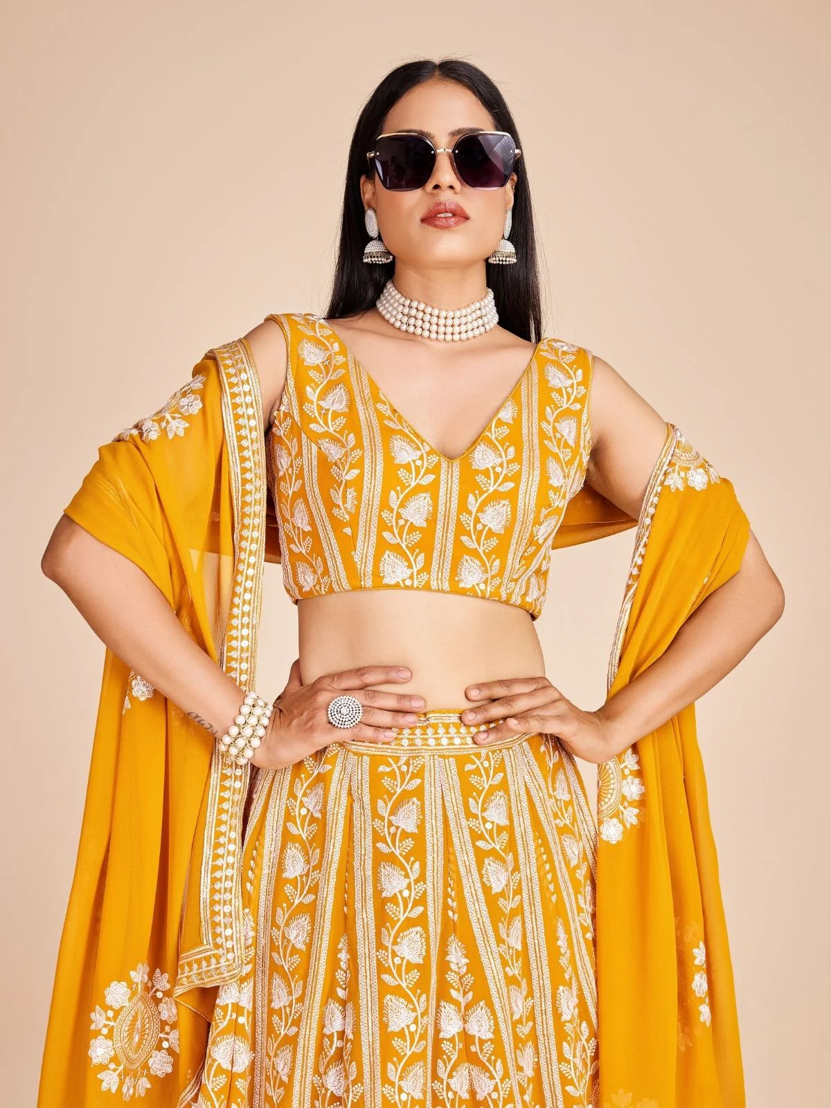 Odette Yellow  Georgette Embroidered Semi-Stitched Lehenga For Women - Image 4