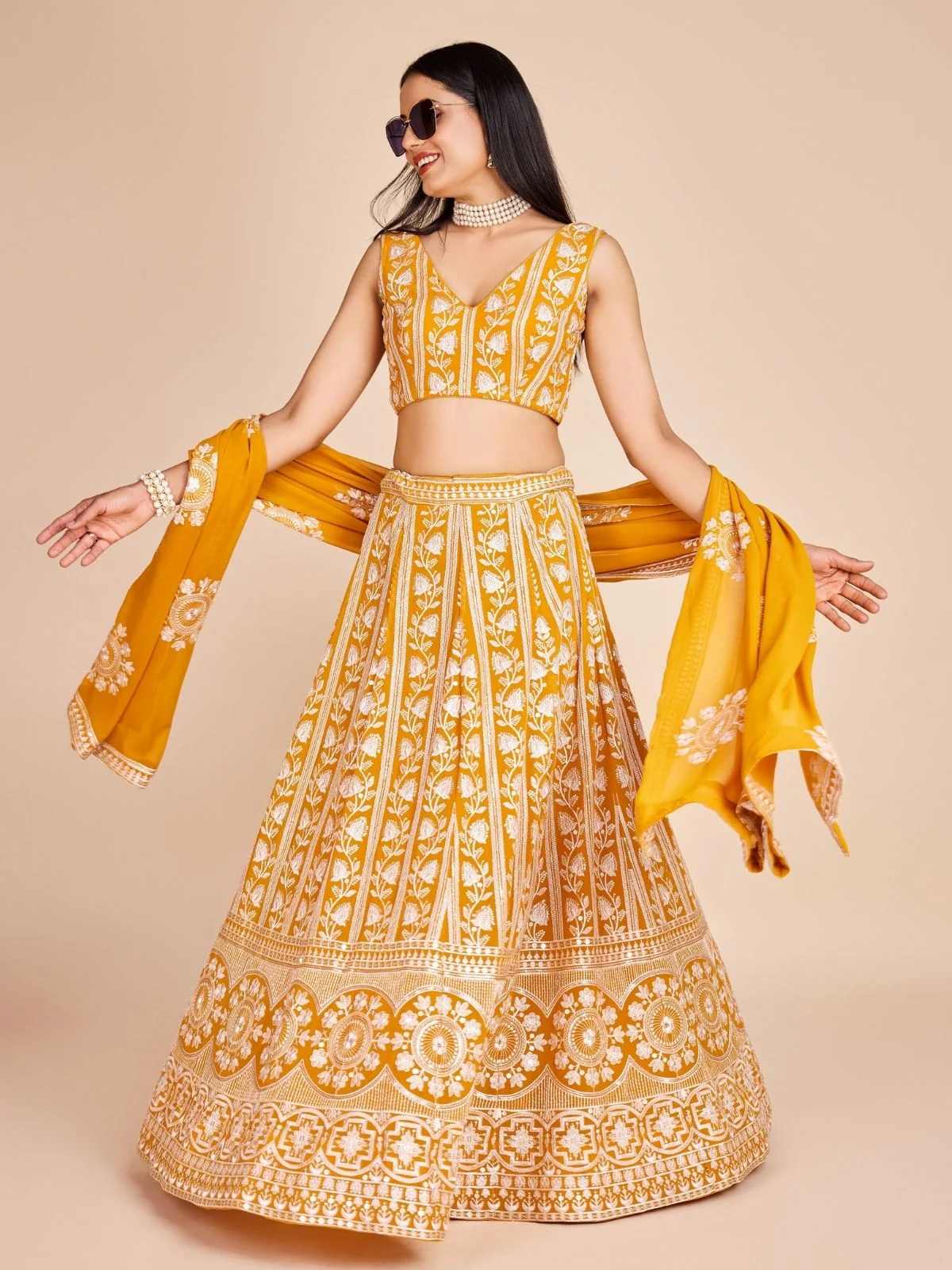 Odette Yellow  Georgette Embroidered Semi-Stitched Lehenga For Women - Image 7