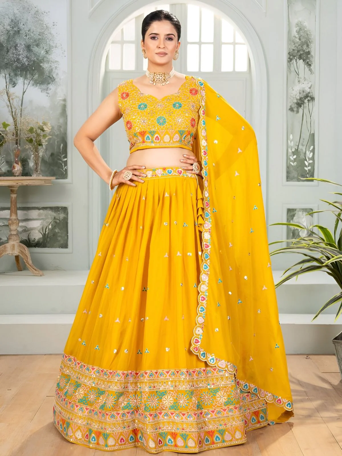 Odette Yellow Georgette Embroidered Semi-Stitched lehenga For Women - Image 2