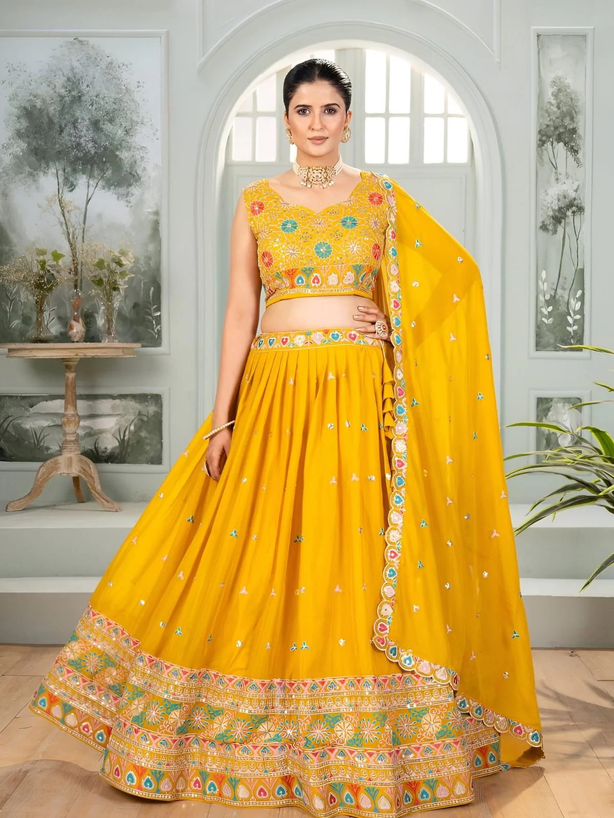 Odette Yellow Georgette Embroidered Semi-Stitched lehenga For Women - Image 3