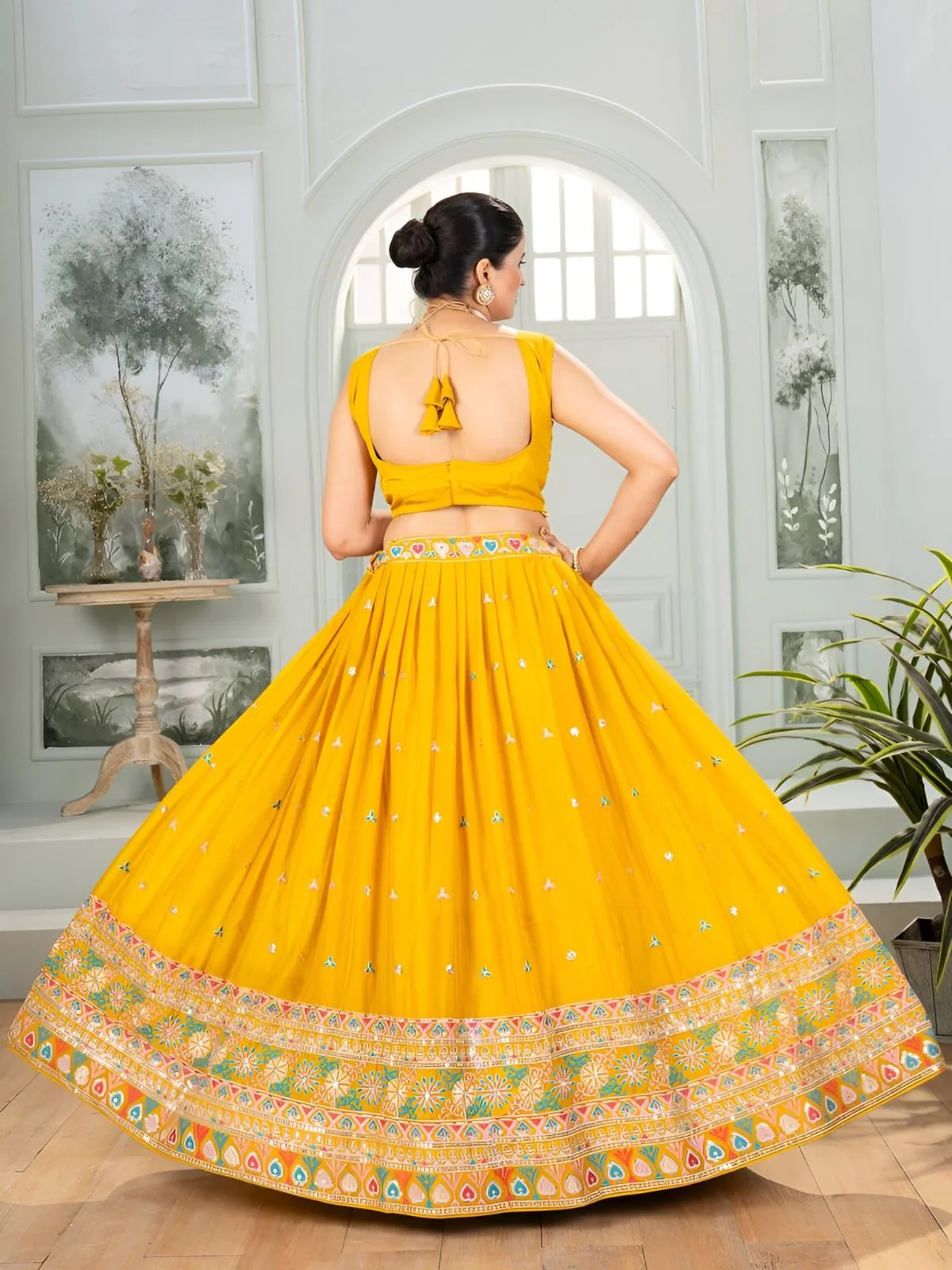 Odette Yellow Georgette Embroidered Semi-Stitched lehenga For Women - Image 4