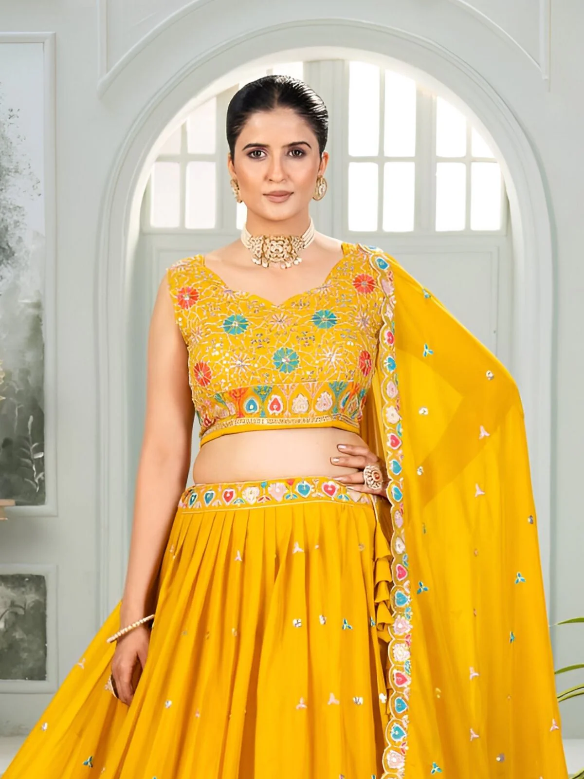 Odette Yellow Georgette Embroidered Semi-Stitched lehenga For Women - Image 5