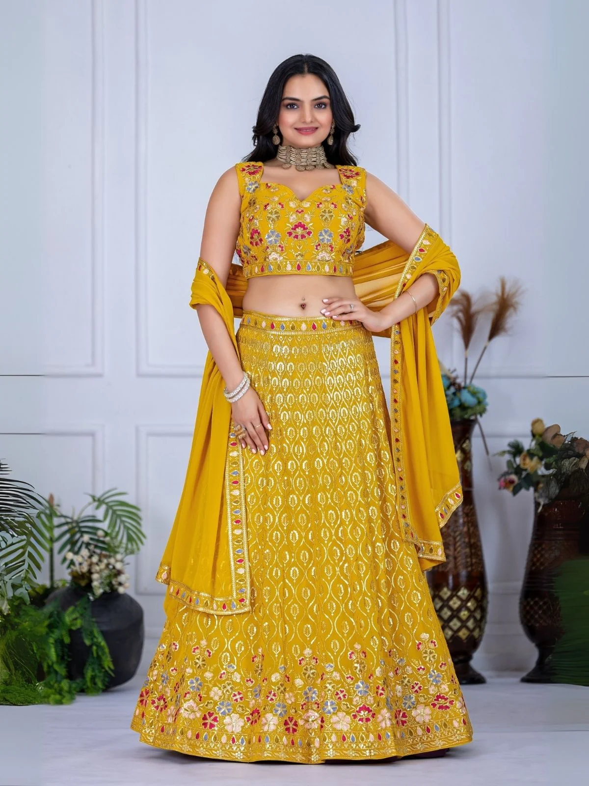 Odette Yellow Georgette Embroidered Semi-Stitched lehenga For Women