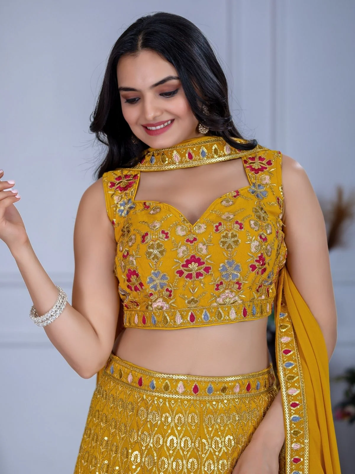Odette Yellow Georgette Embroidered Semi-Stitched lehenga For Women - Image 4