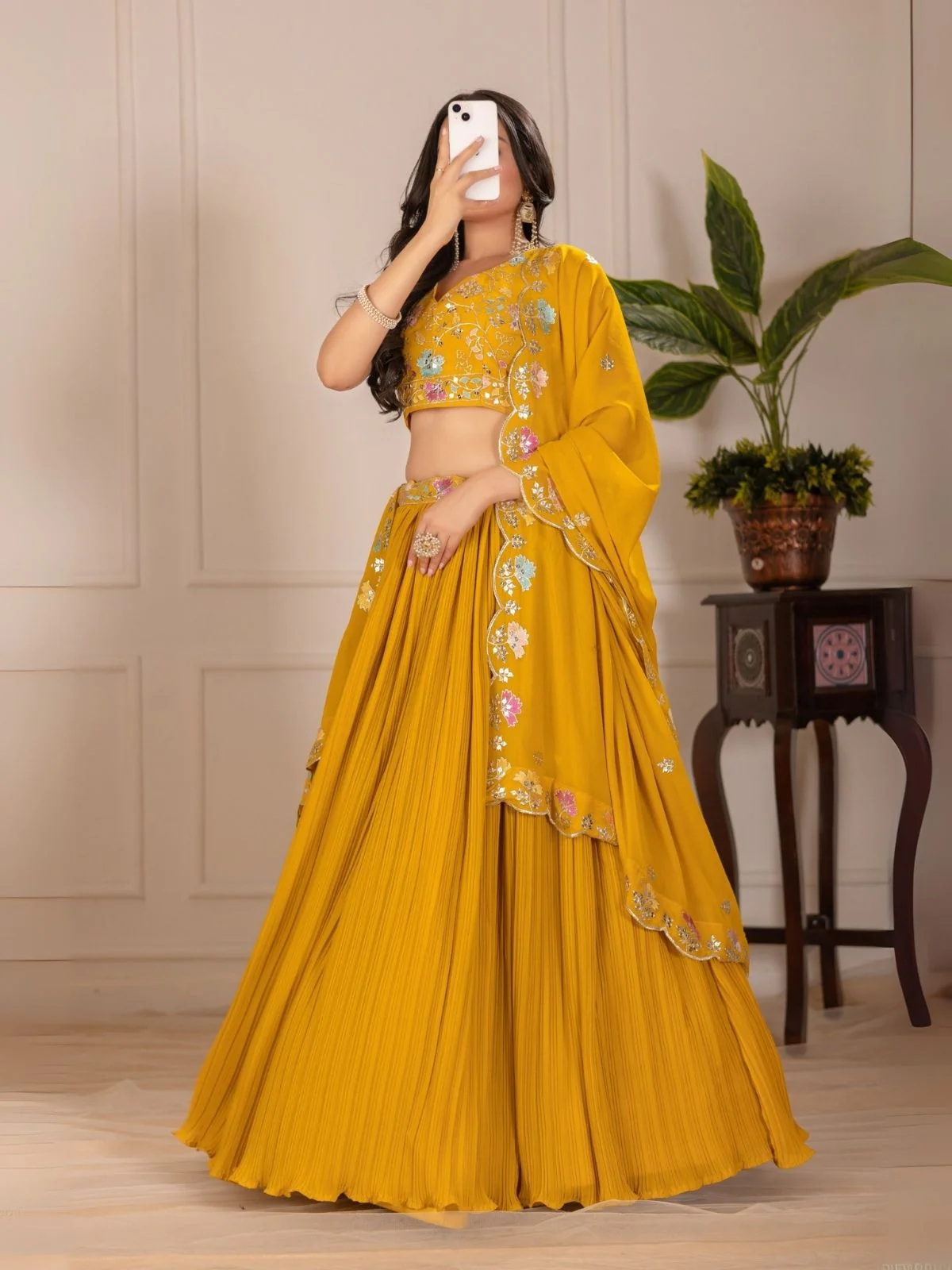 Odette Yellow Georgette Embroidered Semi-Stitched lehenga For Women