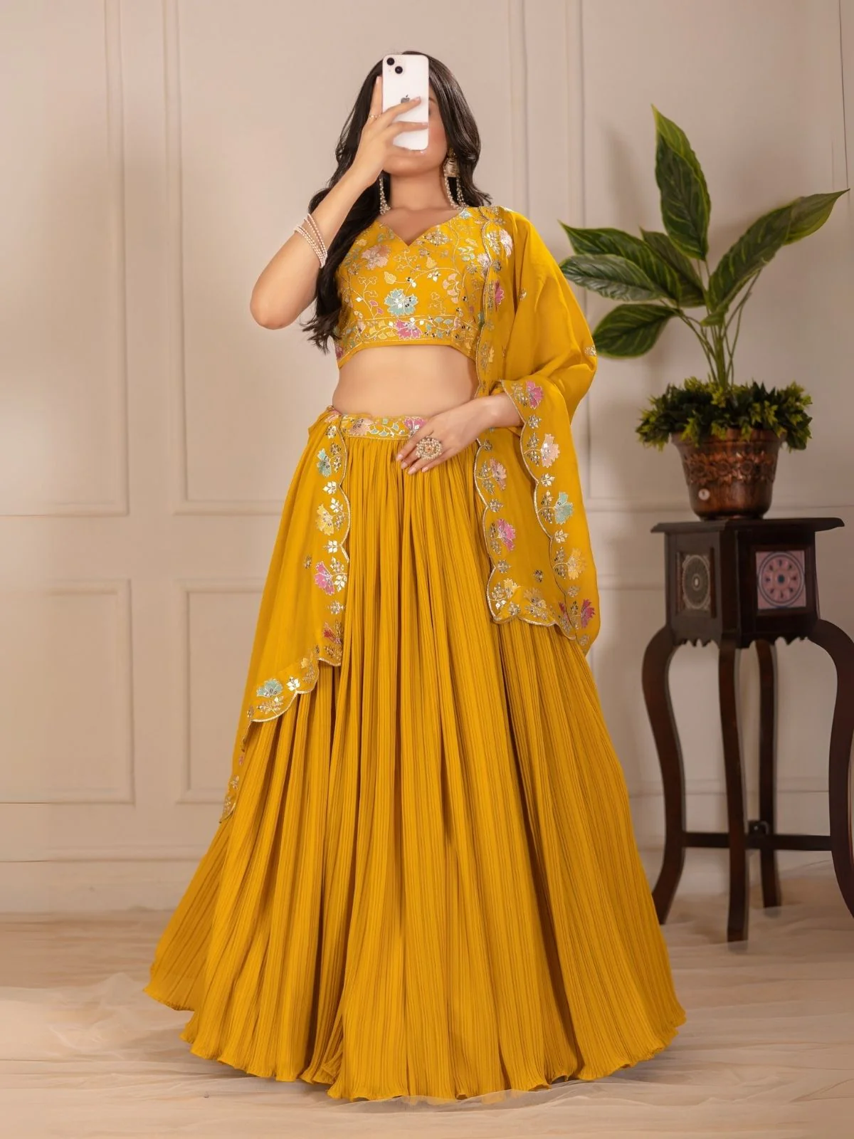 Odette Yellow Georgette Embroidered Semi-Stitched lehenga For Women - Image 2