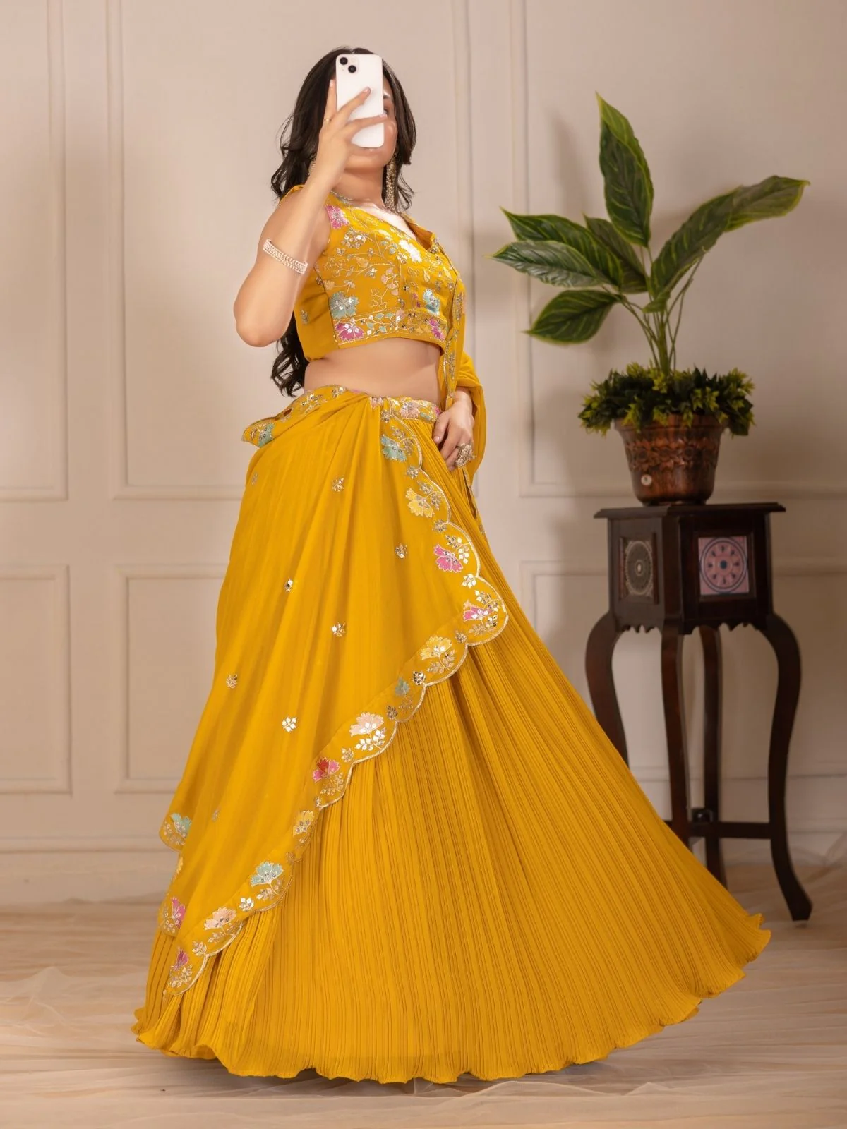 Odette Yellow Georgette Embroidered Semi-Stitched lehenga For Women - Image 3