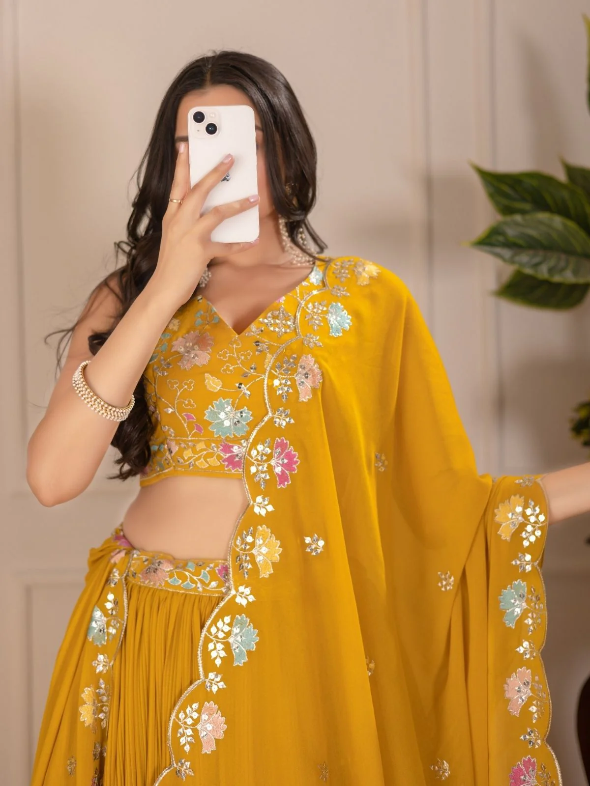 Odette Yellow Georgette Embroidered Semi-Stitched lehenga For Women - Image 4
