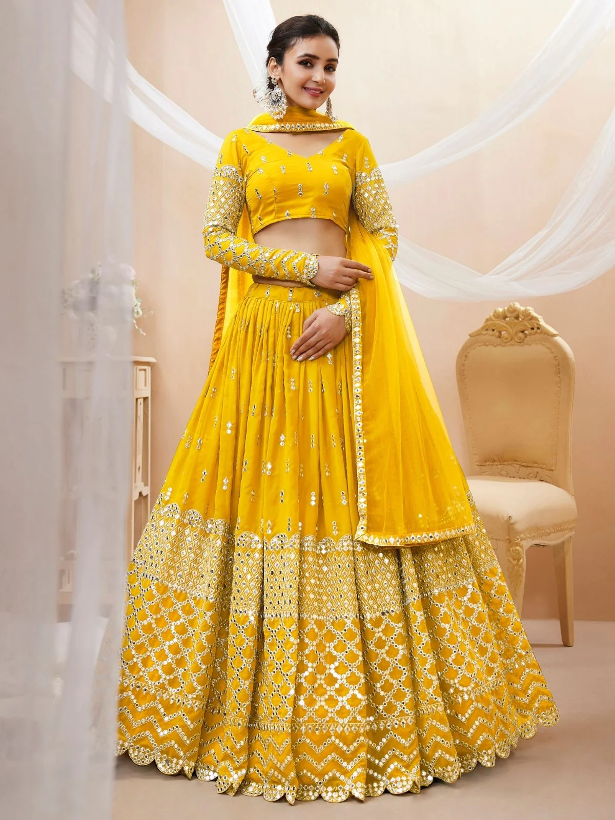 Odette Yellow Georgette Embroidered Semi Stitched Lehenga With Unstitched Blouse For Women - Image 2