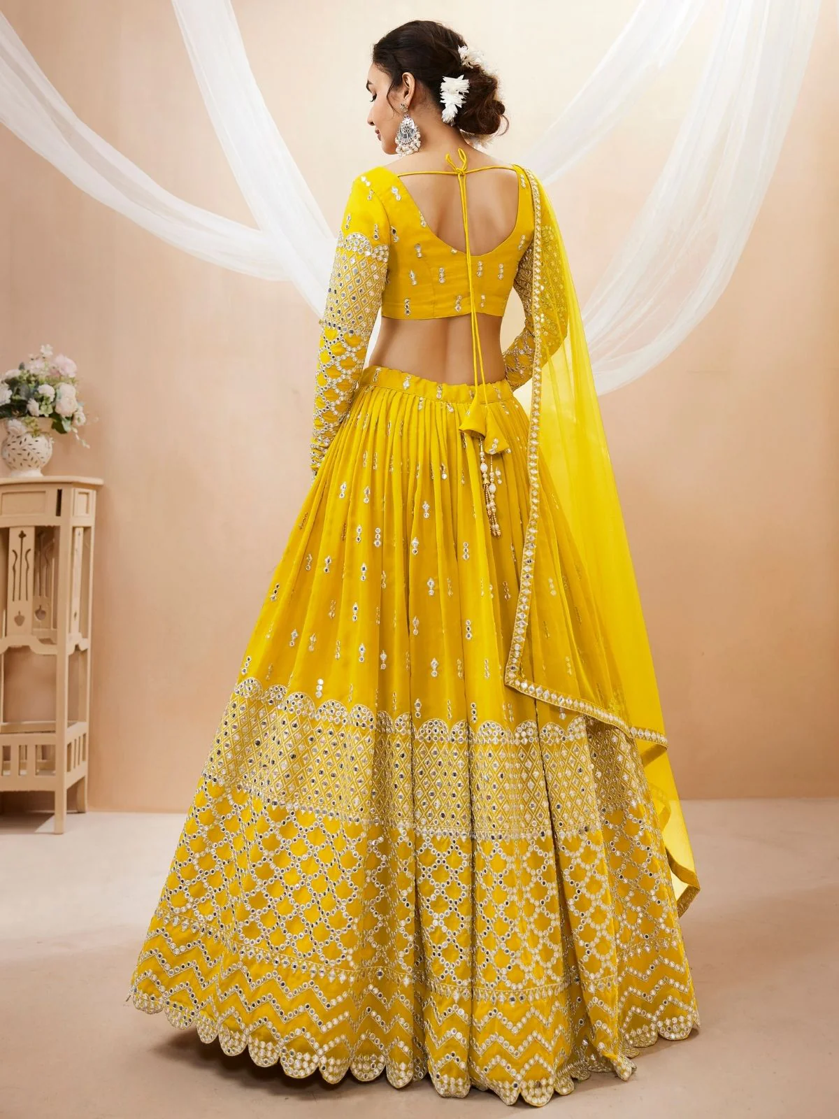 Odette Yellow Georgette Embroidered Semi Stitched Lehenga With Unstitched Blouse For Women - Image 4