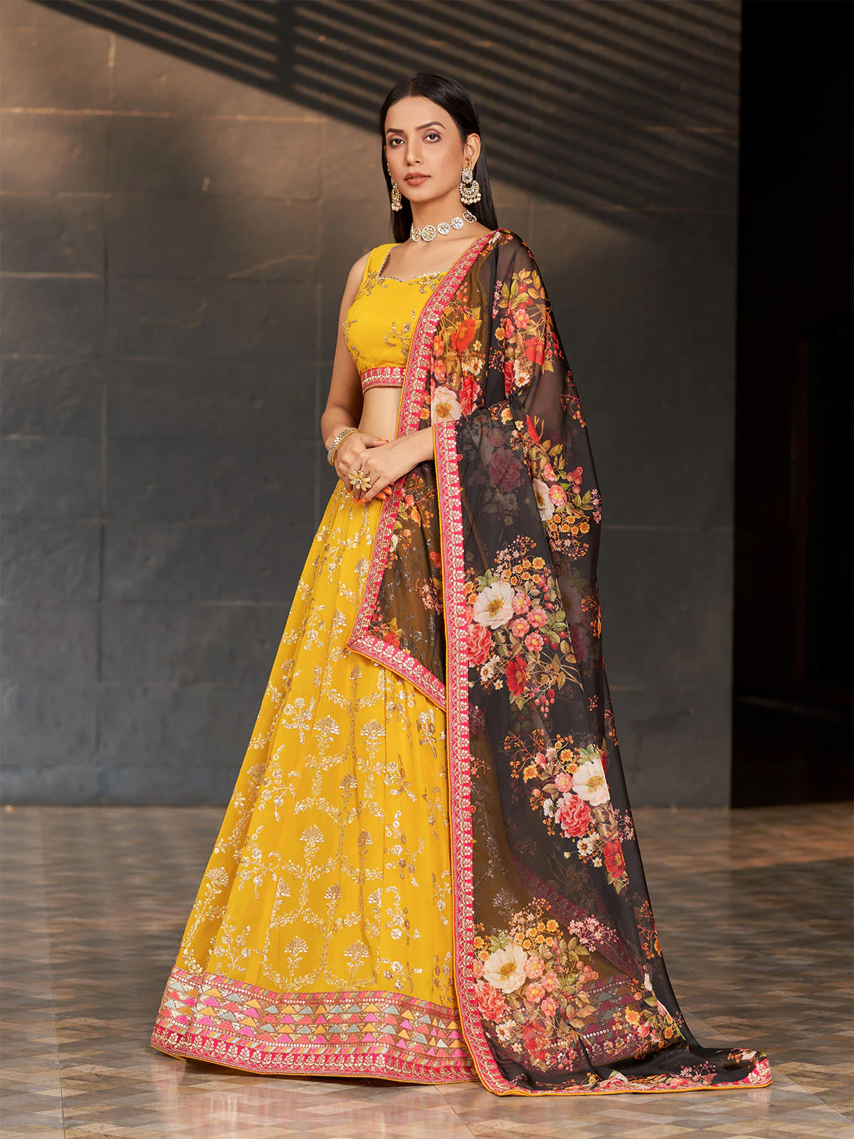 Odette Yellow Georgette Embroidered Semi Stitched Lehenga With Unstitched Blouse For Women - Image 2